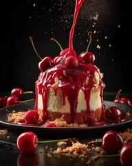 Cheese cake with a little splashing effect as the cherry topping is poured over the creamy dessert AI Generated 