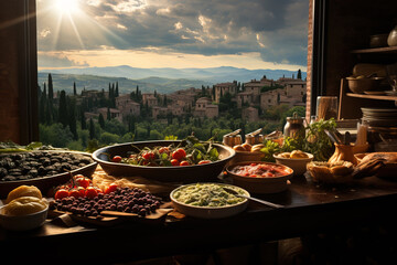 A sumptuous array of Italian dishes before a scenic Tuscan village backdrop bathed in the golden light of sunset.