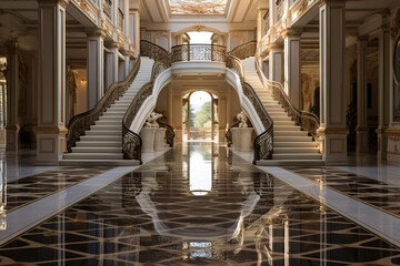 Grand palatial interior showcasing a luxurious double staircase with ornate details and marble...