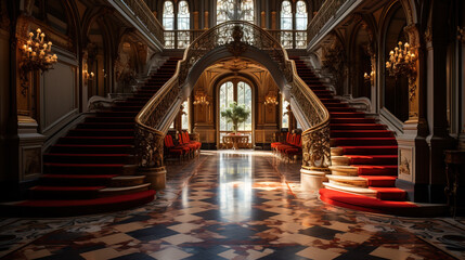 A grand, symmetrical staircase with red carpet in an opulent mansion hall, illuminated by warm...