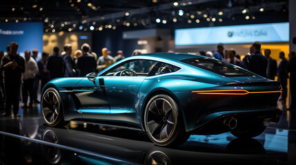 Sleek teal luxury concept car showcased at an auto show, highlighted by spotlights as spectators gather.