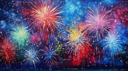 A burst of shimmering fireworks illuminating the midnight sky, painting it with vivid colors and cascading sparks. Stars twinkling in the backdrop of the celebration