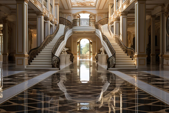 Grand palatial interior showcasing a luxurious double staircase with ornate details and marble flooring bathed in natural sunlight.