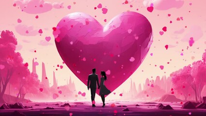 Romantic illustration. A couple in love in a magical romantic wonderland with pink clouds and a big heart in the sky. Valentine's Day, wedding, greeting card