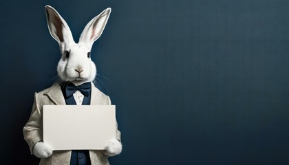 Weißer Hase / weißes Kaninchen in Vintage-Anzug hält weißes leeres Schild aus Pappe vor sich. Mockup. Zum selbst beschriften. Vor dunkelblauer
 Wand. Fotorealistische Illustration. Hintergrund - obrazy, fototapety, plakaty
