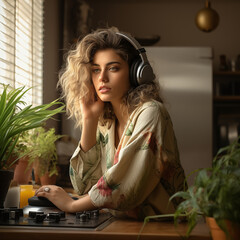 Picture from 90s A blonde woman with wavy hair listening to music wearing headphones AI Generated