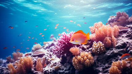 Fototapeta na wymiar Underwater view of coral reef and tropical fish, underwater world.