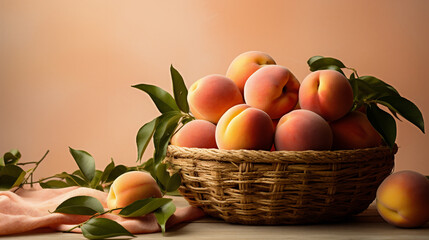 Ripe peaches in a wicker basket on a wooden table