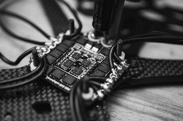 black and white photo, Frame, FPV racing drone frame, assembly, soldering, for the armed forces of...