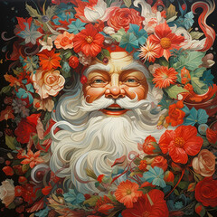 A portrait of Santa Claus surrounded by flowers, Generative AI