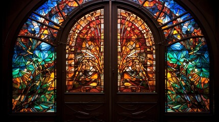 A door embellished with intricate Passover-themed stained glass, casting vibrant hues inside
