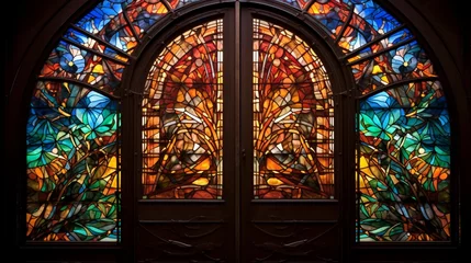 Store enrouleur Coloré A door embellished with intricate Passover-themed stained glass, casting vibrant hues inside