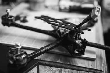 black and white photo, Frame, FPV racing drone frame, assembly, soldering, for the armed forces of...