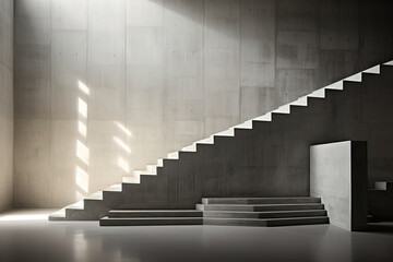 A serene minimalist interior with a concrete staircase basked in natural light, creating a play of light and shadows.