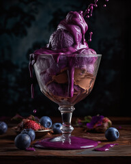  Blueberries ice cream that is overflowing with creamy sauce detailed and eleganplaced on a round tray AI Generated