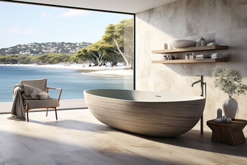 Elegant modern bathroom featuring a stylish freestanding bathtub with panoramic ocean views through floor-to-ceiling windows, conveying serenity and luxury.