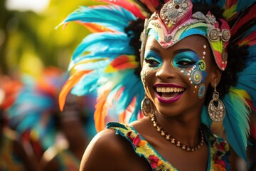 Woman in carnival costume with feathers and jewelry - obrazy, fototapety, plakaty