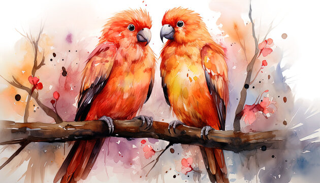 Watercolor Lovebirds, Romantic Painted Birds, Love-themed Bird Illustrations, Valentine's Day Watercolor Avians, Heartfelt Watercolor Bird Designs, Affectionate Lovebird Art, transparent background