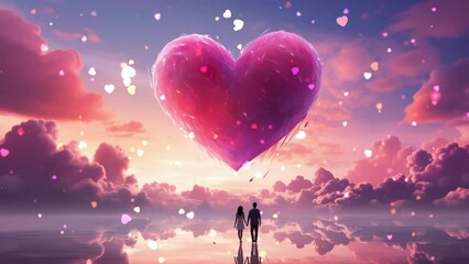 Romantic illustration. A couple in love in a magical romantic wonderland with pink clouds and a big heart in the sky. Valentine's Day, wedding, greeting card