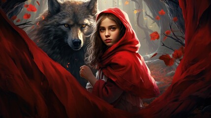 Young woman in red cloak with mystical wolf in enchanted forest. Fantasy and storytelling. - obrazy, fototapety, plakaty