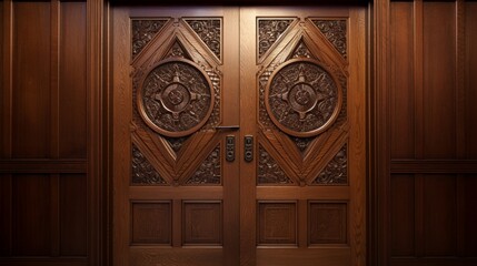A polished mahogany door engraved with ornate Passover motifs, reflecting the warmth of family gathering inside