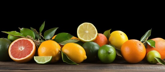 Various ripe citrus fruits - tangerine, orange, lemon, and lime - placed on a wooden table near a blackboard.