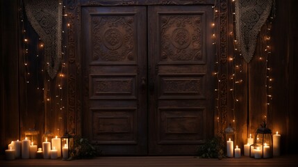 A rustic wooden door adorned with intricate patterns, d by soft candlelight, leading to a serene...