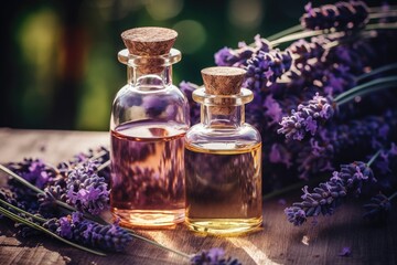 Obraz na płótnie Canvas Set of bottles with oil and lavender