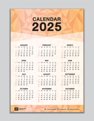 Wall calendar 2025 template on orange polygon background, calendar 2025 design, desk calendar 2025 design, Week start Sunday, flyer, Set of 12 Months, organizer, planner, printing media