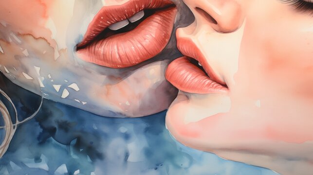 A watercolor romantic kiss close up