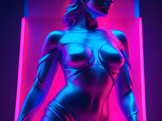 Woman Body in bold pink and blue neon colors. Minimal art fantasy concept.