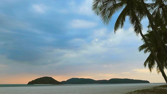 white sandy beach with palm trees at sunset in Langkawi Malaysiaadvertising space, beach, beautiful, best beaches, best beaches in the world, blue, caribbean, coast, coconut, dominican republic, holid