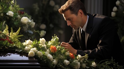 A man is sad at the coffin with flowers - obrazy, fototapety, plakaty
