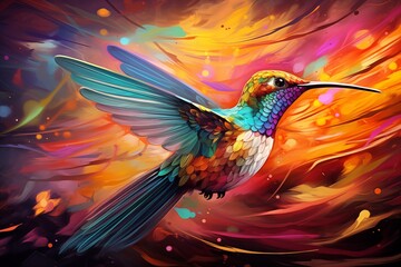 Abstract hummingbird illustration in vibrant multi colors