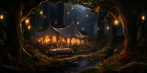 A magical forest with a huge tent set up, a dining table with chairs placed in the middle of a forest, night sky, glowing lights