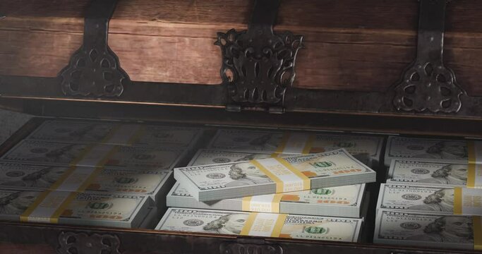 Vintage Treasure Chest in Dusty Room Being Opened to Reveal Millions of Dollars in United States Currency.