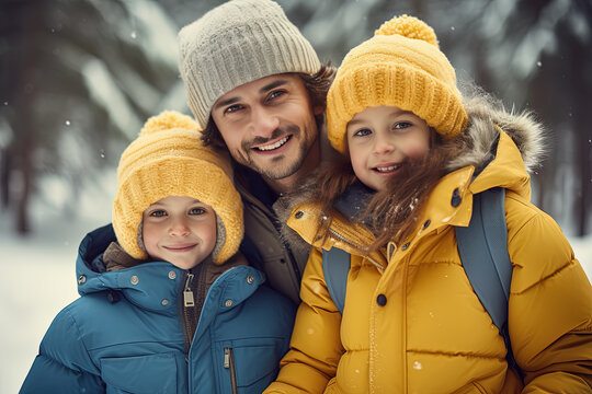 padre junto a sus dos hijos con ropa de abrigo de excursión por un bosque nevado