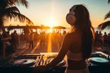 Young girl dj mixing outdoor during summer beach party at sunset time - obrazy, fototapety, plakaty