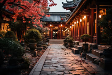 A tranquil Asian temple courtyard at dusk, lined with red autumn leaves and a stone pathway leading to wooden structures.