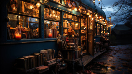 A repurposed tram transformed into a vintage bookstore, adorned with warm lighting and autumnal decorations at dusk.