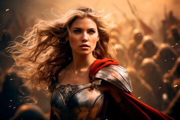 Determined female warrior amid eternal war, expressing bravery and revenge for her ravaged home. A resolute, intelligent, and strong character with a fierce gaze