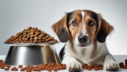 a dog lying next to the bowl with dog dry food on white background kibble formula looking to the camera and begging for food pet food advertising image created using artificial intelligence