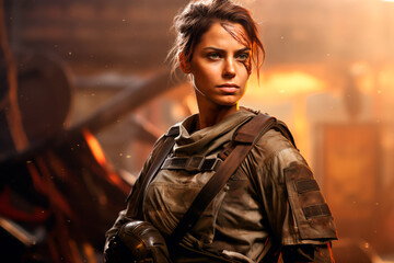 Fototapeta premium Determined female warrior amid eternal war, expressing bravery and revenge for her ravaged home. A resolute, intelligent, and strong character with a fierce gaze