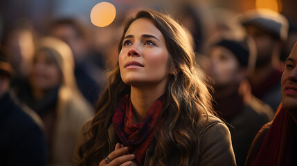 Hopeful young woman looking upwards amongst a diverse crowd, radiant light creates a warm, contemplative mood.