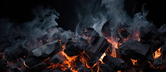 Fototapeten Fire ashes and coals have a dark grey-black texture. They're a flammable, hard rock. © TheWaterMeloonProjec