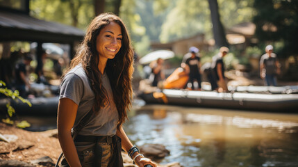 Radiant young woman with a cheerful smile standing by a river during a kayaking adventure on a sunny day.