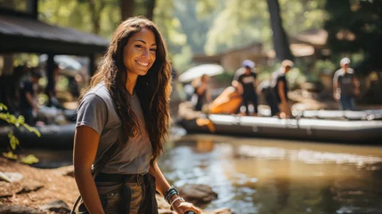 Fotobehang Radiant young woman with a cheerful smile standing by a river during a kayaking adventure on a sunny day. © Pavel