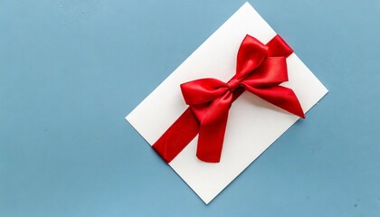 blank gift card with red bow on light blue background top view space for text