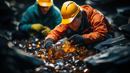 Two workers in safety helmets concentrating on the extraction of amber amidst a scenic mining environment, bathed in natural light. - obrazy, fototapety, plakaty