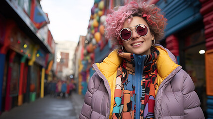 Fototapeta premium Cheerful young woman with pink hair wearing sunglasses and a colorful outfit standing on an urban street.